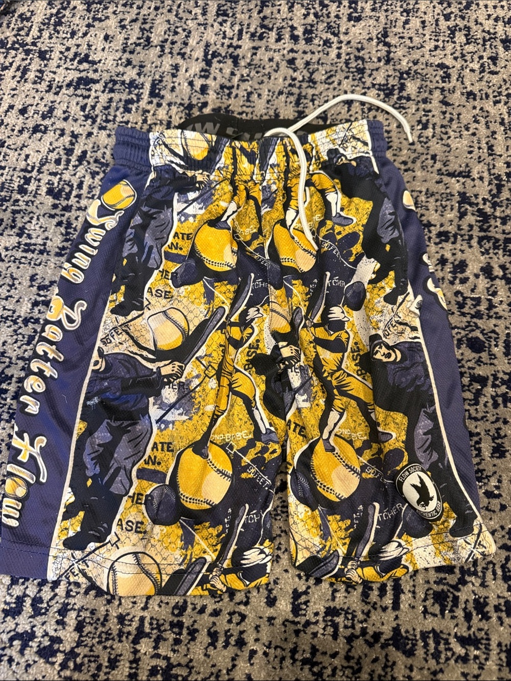 Kids Athletic Baseball Print Shorts - Yellow & Navy